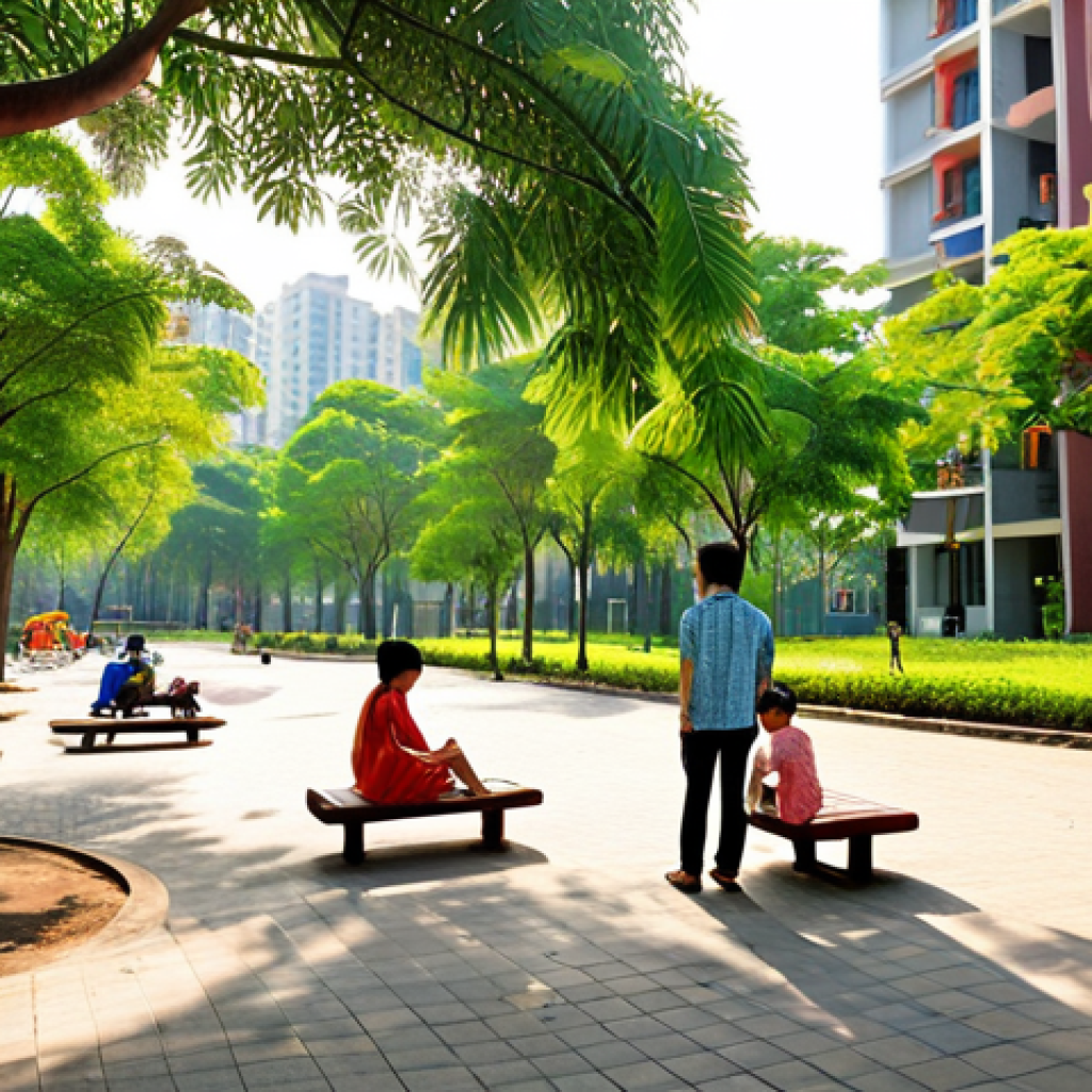 **

A vibrant, modern urban park scene in Vietnam. Families are relaxing on benches beneath lush trees. Children play on a playground. In the background, modern apartment buildings are visible, suggesting a recently developed residential area. Sunlight filters through the leaves, creating a warm and inviting atmosphere. The scene embodies a successful urban planning project with ample green space.

**