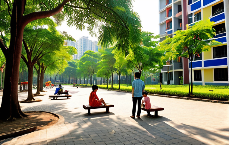 **
A vibrant, modern urban park scene in Vietnam. Families are relaxing on benches beneath lush trees. Children play on a playground. In the background, modern apartment buildings are visible, suggesting a recently developed residential area. Sunlight filters through the leaves, creating a warm and inviting atmosphere. The scene embodies a successful urban planning project with ample green space.
**